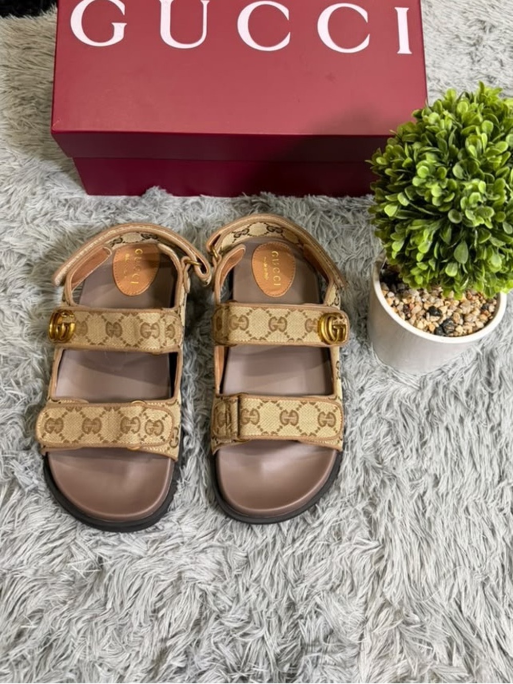 Gucci Beige GG Canvas Double-Strap Sandals with Gold GG Hardware